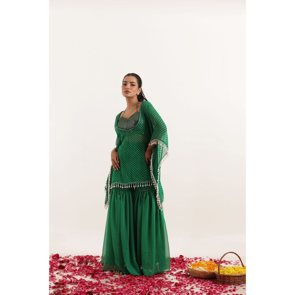 DEASHA INDIA Ramya Green Mothra Kaftan Style Top with Sharara and Bustier (Set of 3)