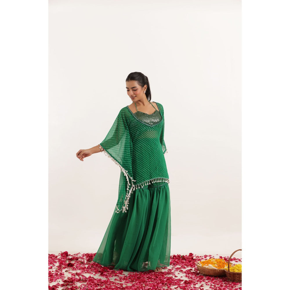 DEASHA INDIA Ramya Green Mothra Kaftan Style Top with Sharara and Bustier (Set of 3)