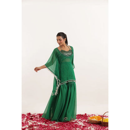 DEASHA INDIA Ramya Green Mothra Kaftan Style Top with Sharara and Bustier (Set of 3)