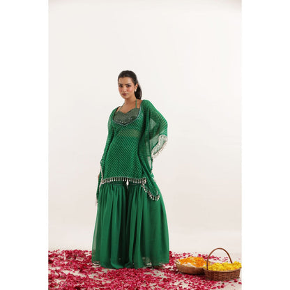 DEASHA INDIA Ramya Green Mothra Kaftan Style Top with Sharara and Bustier (Set of 3)