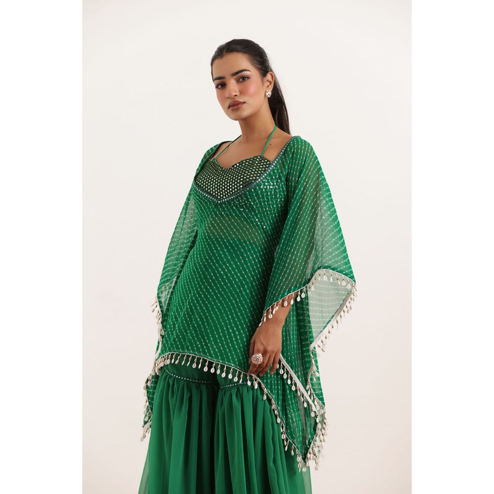 DEASHA INDIA Ramya Green Mothra Kaftan Style Top with Sharara and Bustier (Set of 3)
