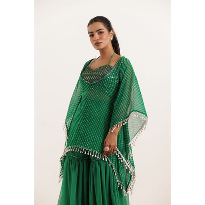 DEASHA INDIA Ramya Green Mothra Kaftan Style Top with Sharara and Bustier (Set of 3)
