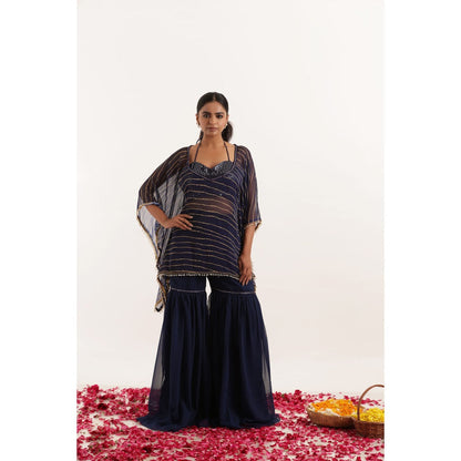 DEASHA INDIA Kiara Navy Blue Leheriya Kaftan Style Top with Sharara and Bustier (Set of 3)
