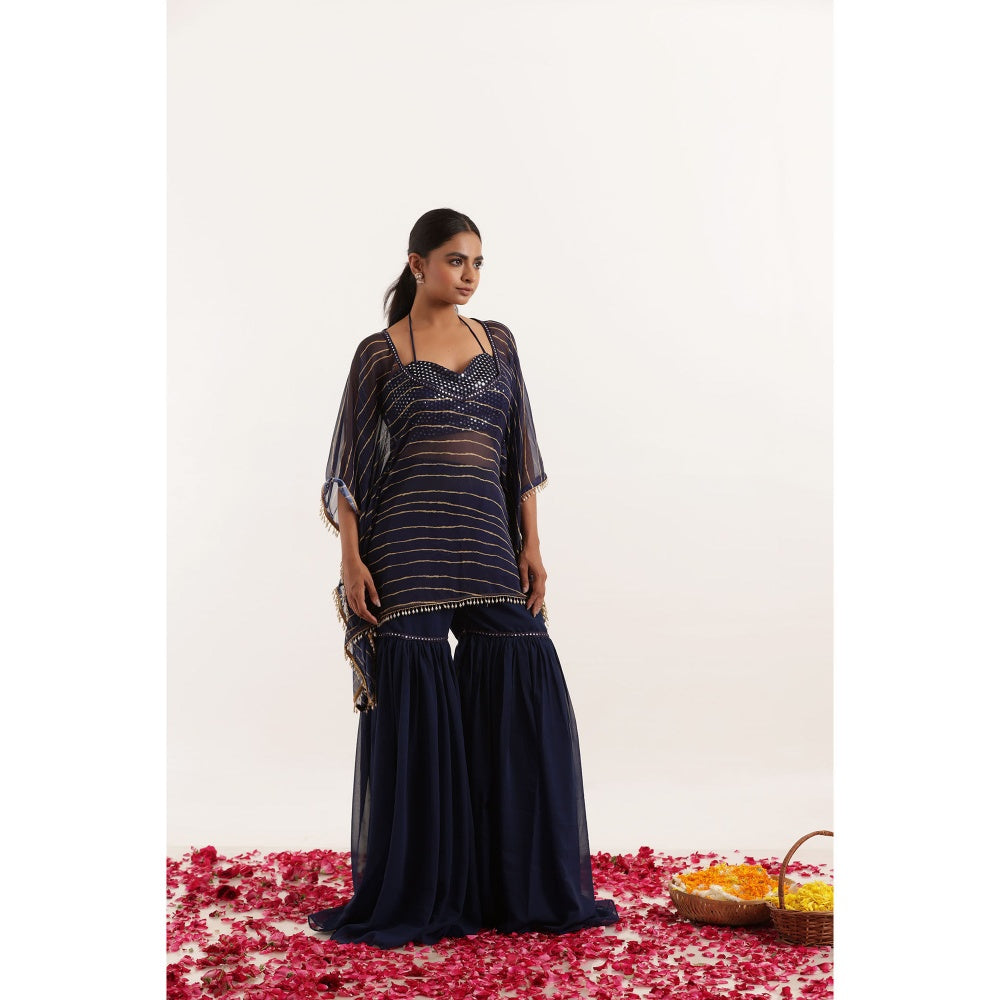 DEASHA INDIA Kiara Navy Blue Leheriya Kaftan Style Top with Sharara and Bustier (Set of 3)