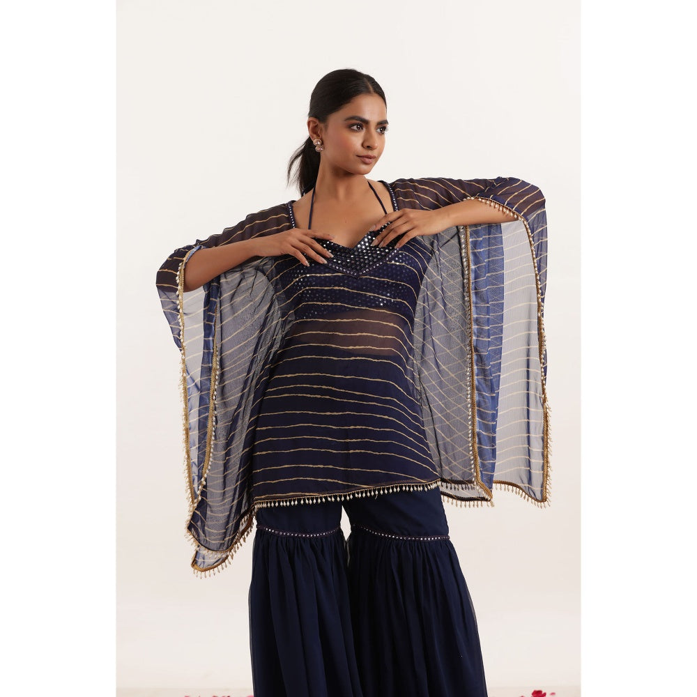 DEASHA INDIA Kiara Navy Blue Leheriya Kaftan Style Top with Sharara and Bustier (Set of 3)