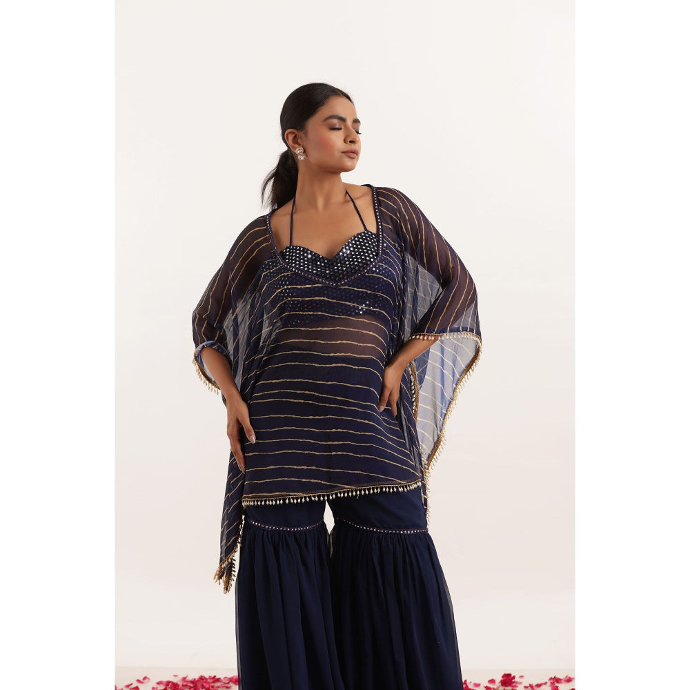 DEASHA INDIA Kiara Navy Blue Leheriya Kaftan Style Top with Sharara and Bustier (Set of 3)