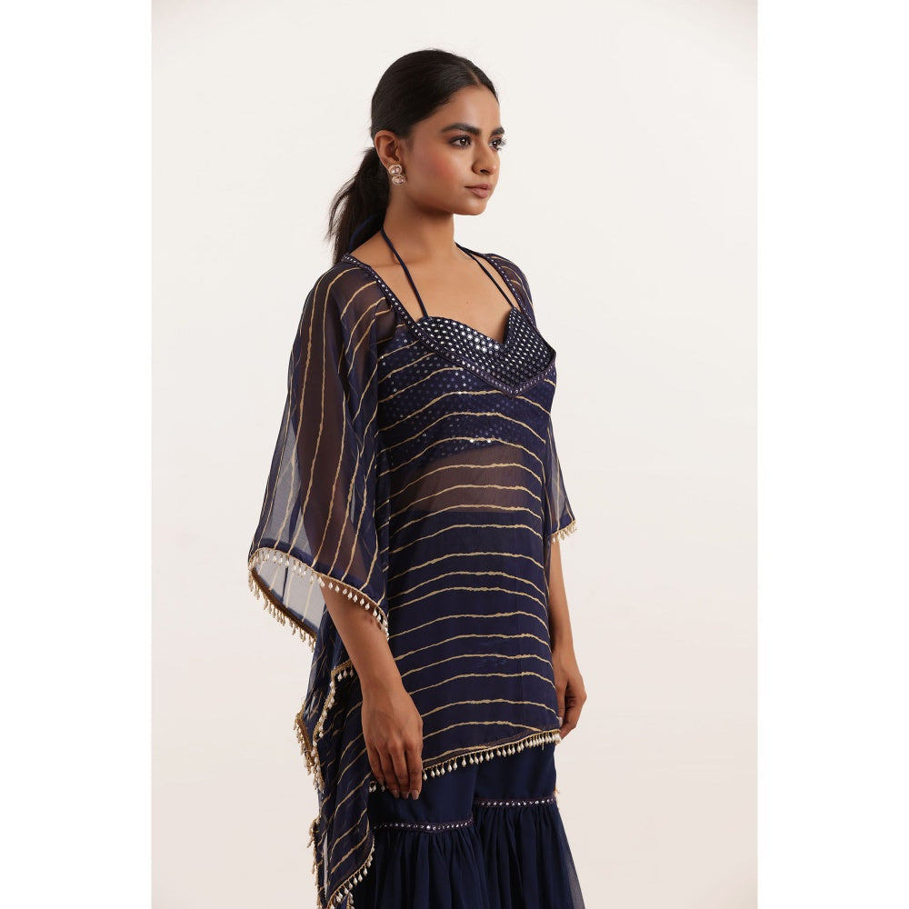 DEASHA INDIA Kiara Navy Blue Leheriya Kaftan Style Top with Sharara and Bustier (Set of 3)