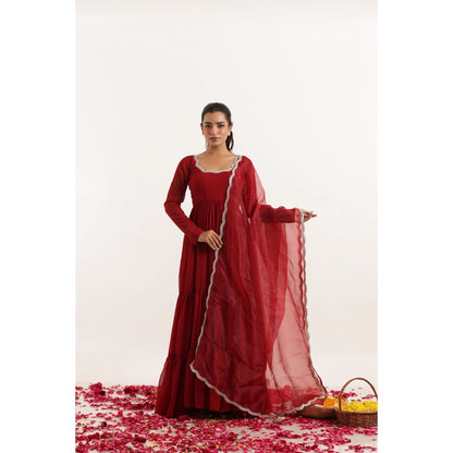 DEASHA INDIA Rina Red Tiered Anarkali with Pant and Dupatta (Set of 3)