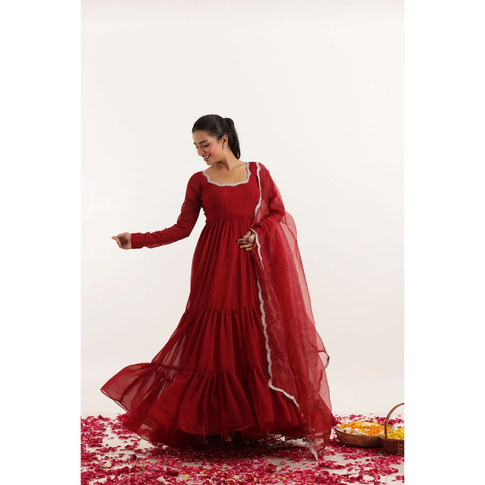 DEASHA INDIA Rina Red Tiered Anarkali with Pant and Dupatta (Set of 3)