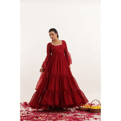 DEASHA INDIA Rina Red Tiered Anarkali with Pant and Dupatta (Set of 3)