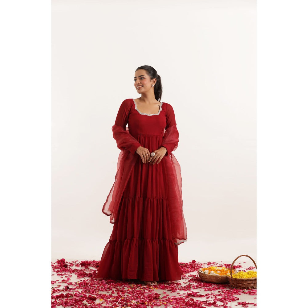DEASHA INDIA Rina Red Tiered Anarkali with Pant and Dupatta (Set of 3)