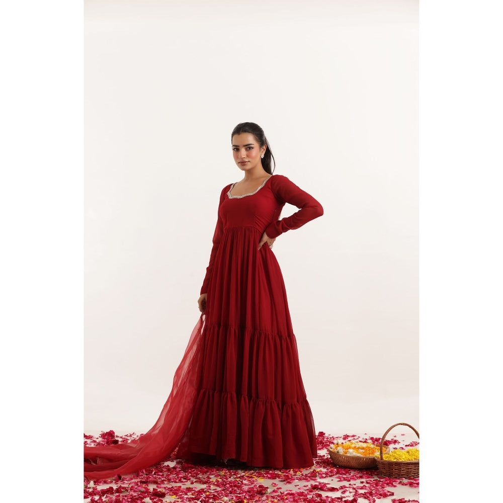 DEASHA INDIA Rina Red Tiered Anarkali with Pant and Dupatta (Set of 3)