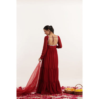 DEASHA INDIA Rina Red Tiered Anarkali with Pant and Dupatta (Set of 3)