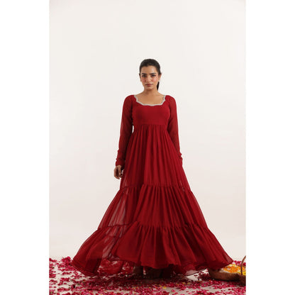 DEASHA INDIA Rina Red Tiered Anarkali with Pant and Dupatta (Set of 3)