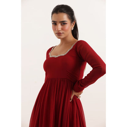 DEASHA INDIA Rina Red Tiered Anarkali with Pant and Dupatta (Set of 3)