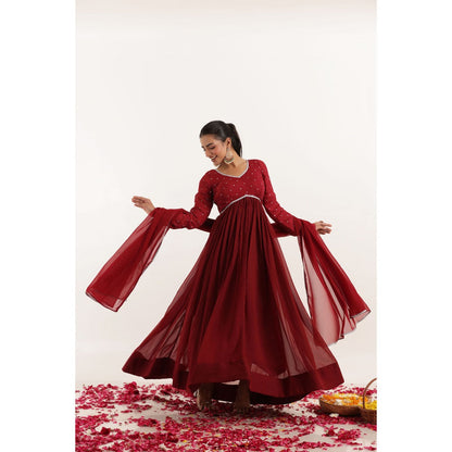 DEASHA INDIA Inaya Red Mirror Work Anarkali with Dupatta (Set of 2)