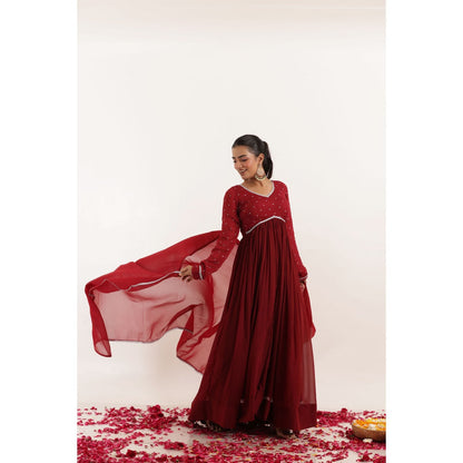 DEASHA INDIA Inaya Red Mirror Work Anarkali with Dupatta (Set of 2)