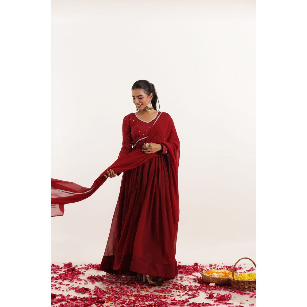 DEASHA INDIA Inaya Red Mirror Work Anarkali with Dupatta (Set of 2)