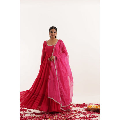 DEASHA INDIA Ishita Magenta Pink Tiered Anarkali with Pant and Dupatta (Set of 3)