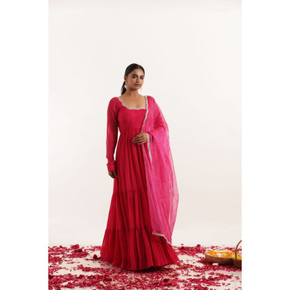DEASHA INDIA Ishita Magenta Pink Tiered Anarkali with Pant and Dupatta (Set of 3)