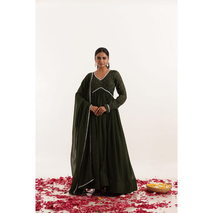 DEASHA INDIA Shakti Dark Olive Lace Work Anarkali with Dupatta (Set of 2)