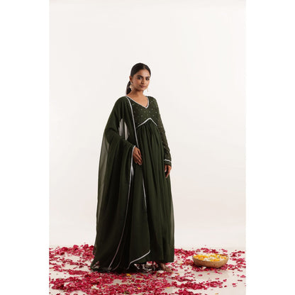 DEASHA INDIA Shakti Dark Olive Lace Work Anarkali with Dupatta (Set of 2)
