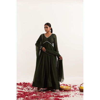 DEASHA INDIA Shakti Dark Olive Lace Work Anarkali with Dupatta (Set of 2)