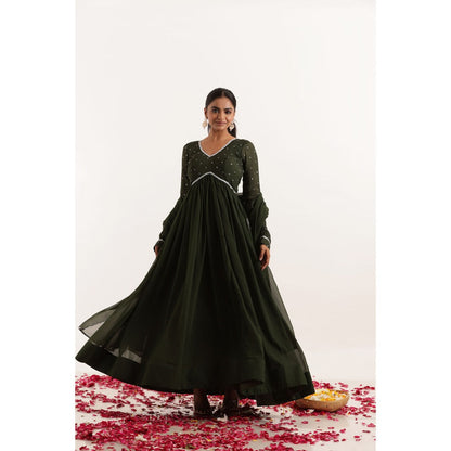 DEASHA INDIA Shakti Dark Olive Lace Work Anarkali with Dupatta (Set of 2)