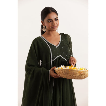 DEASHA INDIA Shakti Dark Olive Lace Work Anarkali with Dupatta (Set of 2)