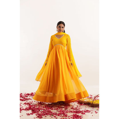 DEASHA INDIA Pari Yellow Lace Work Anarkali with Dupatta (Set of 2)