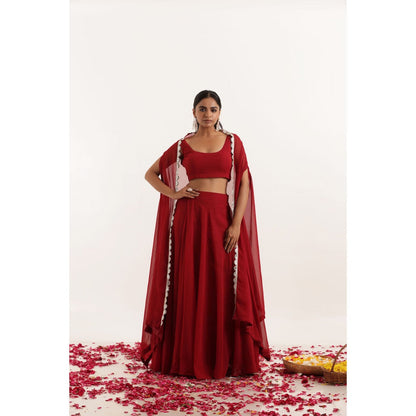 DEASHA INDIA Rivas Maroon Red Shrug Lehenga with Blouse and Dupatta (Set of 3)