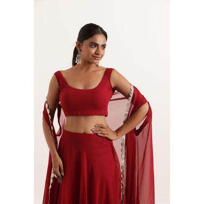 DEASHA INDIA Rivas Maroon Red Shrug Lehenga with Blouse and Dupatta (Set of 3)