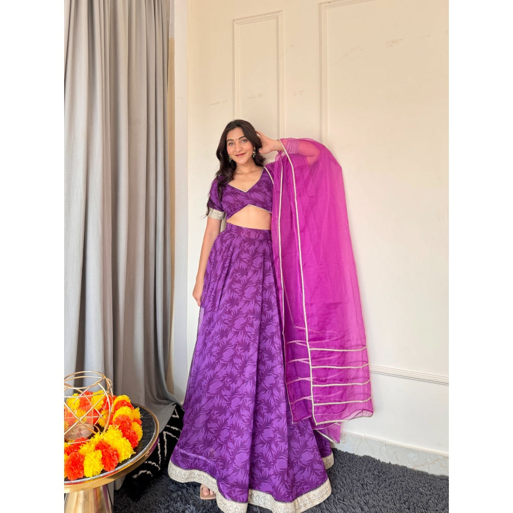 DEASHA INDIA Nea Purple Printed Lace Work Blouse with Lehenga and Dupatta (Set of 3)
