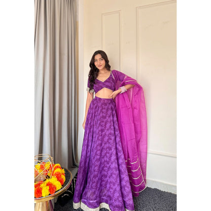 DEASHA INDIA Nea Purple Printed Lace Work Blouse with Lehenga and Dupatta (Set of 3)
