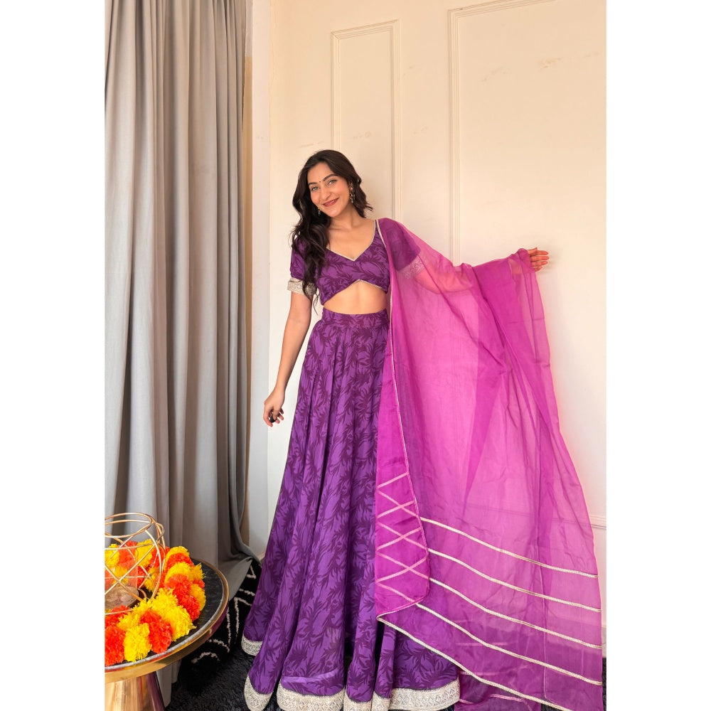 DEASHA INDIA Nea Purple Printed Lace Work Blouse with Lehenga and Dupatta (Set of 3)