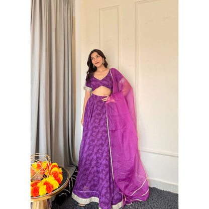 DEASHA INDIA Nea Purple Printed Lace Work Blouse with Lehenga and Dupatta (Set of 3)