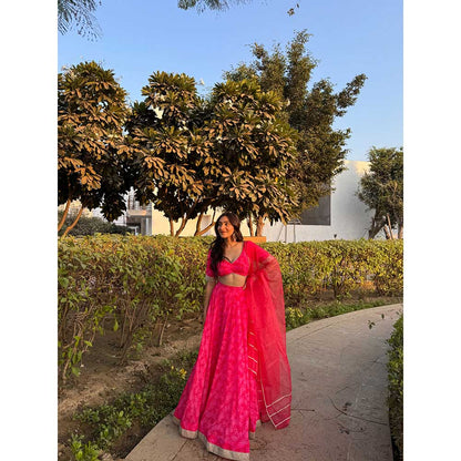 DEASHA INDIA Nea Pink Printed Lace Work Blouse with Lehenga and Dupatta (Set of 3)