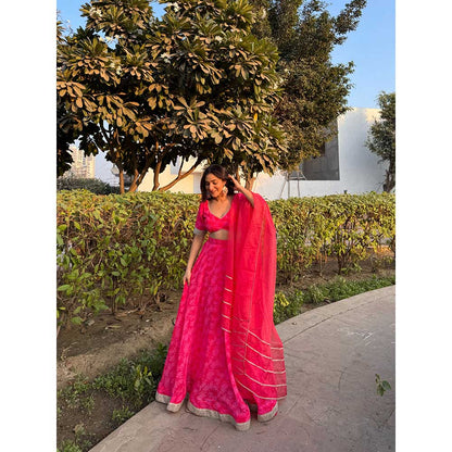 DEASHA INDIA Nea Pink Printed Lace Work Blouse with Lehenga and Dupatta (Set of 3)