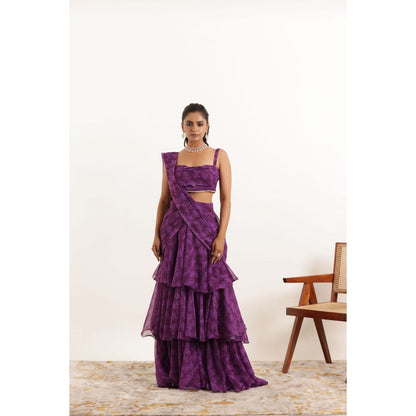 DEASHA INDIA Aalia Purple Printed Ruffle Pre Drape Saree and Stitched Blouse