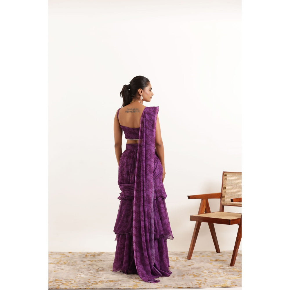 DEASHA INDIA Aalia Purple Printed Ruffle Pre Drape Saree and Stitched Blouse