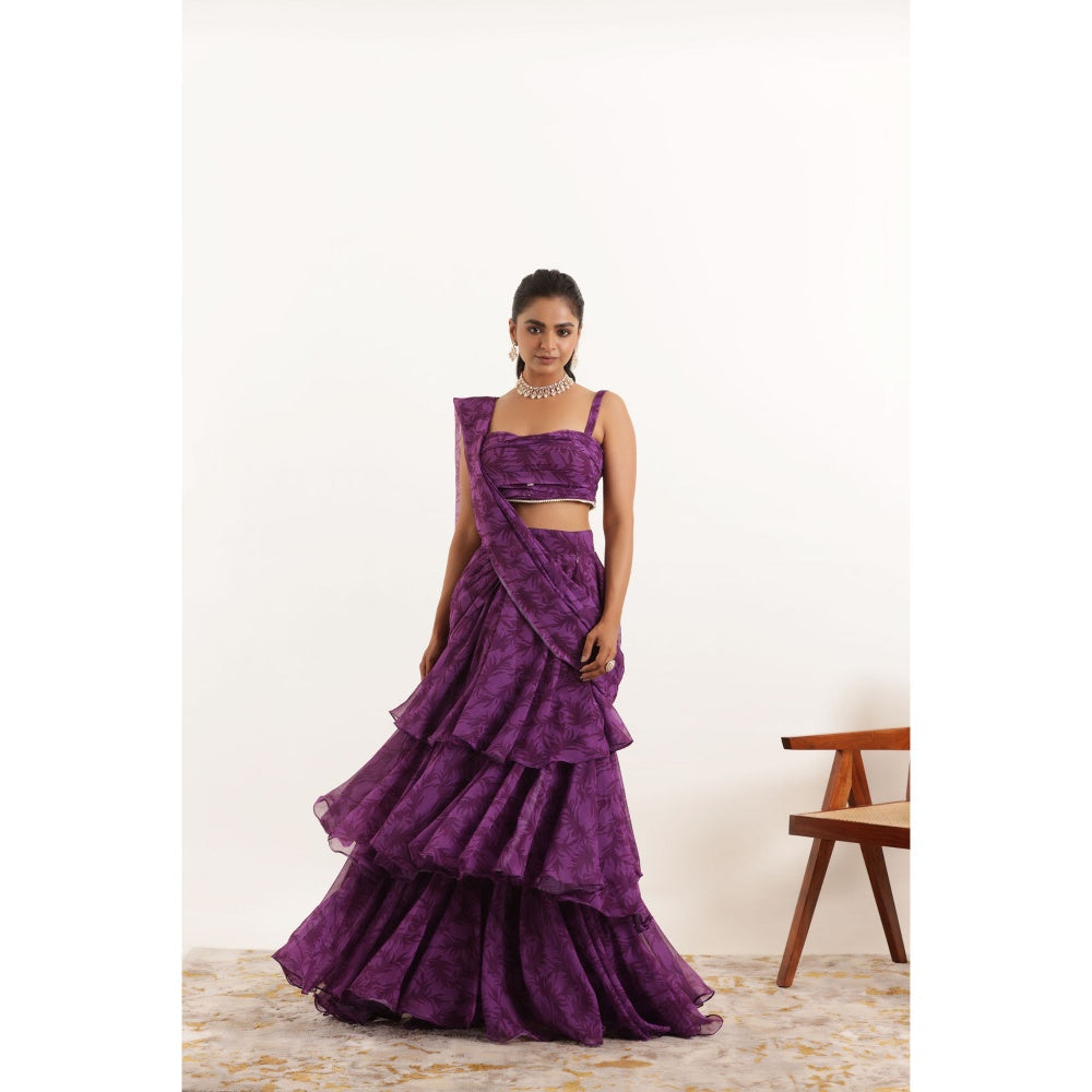 DEASHA INDIA Aalia Purple Printed Ruffle Pre Drape Saree and Stitched Blouse