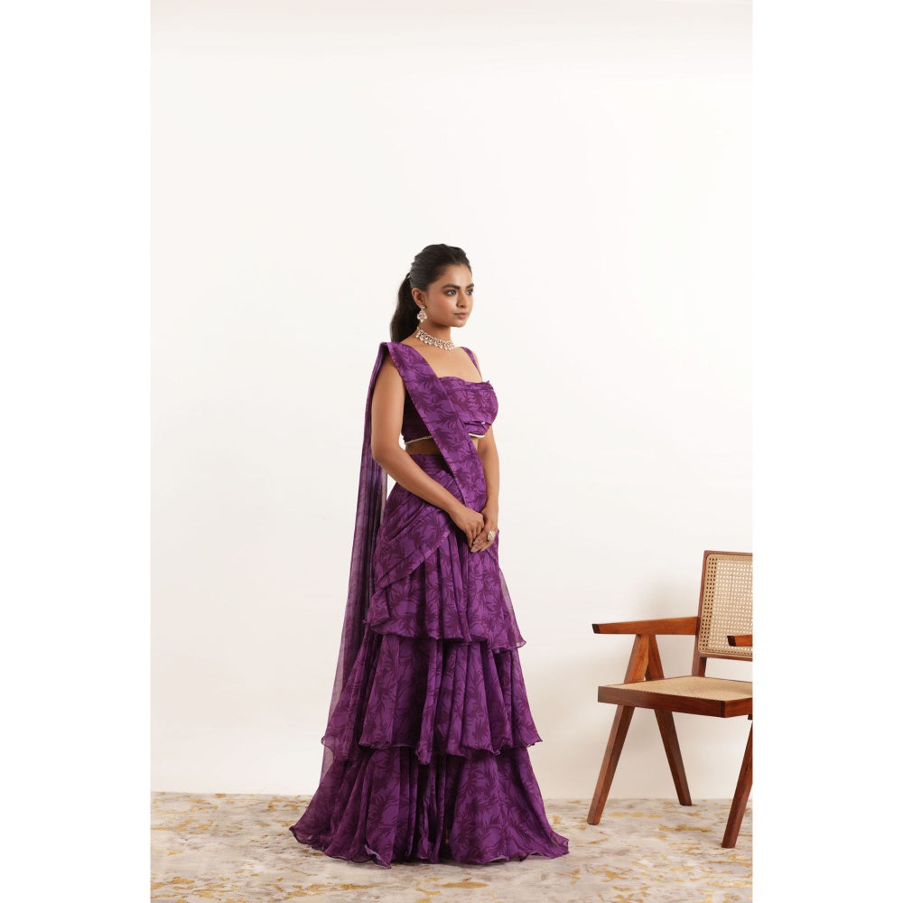 DEASHA INDIA Aalia Purple Printed Ruffle Pre Drape Saree and Stitched Blouse