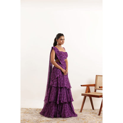 DEASHA INDIA Aalia Purple Printed Ruffle Pre Drape Saree and Stitched Blouse