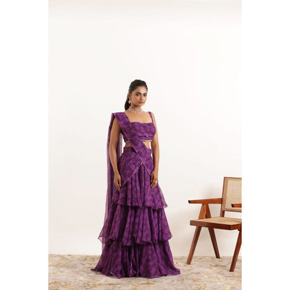DEASHA INDIA Aalia Purple Printed Ruffle Pre Drape Saree and Stitched Blouse