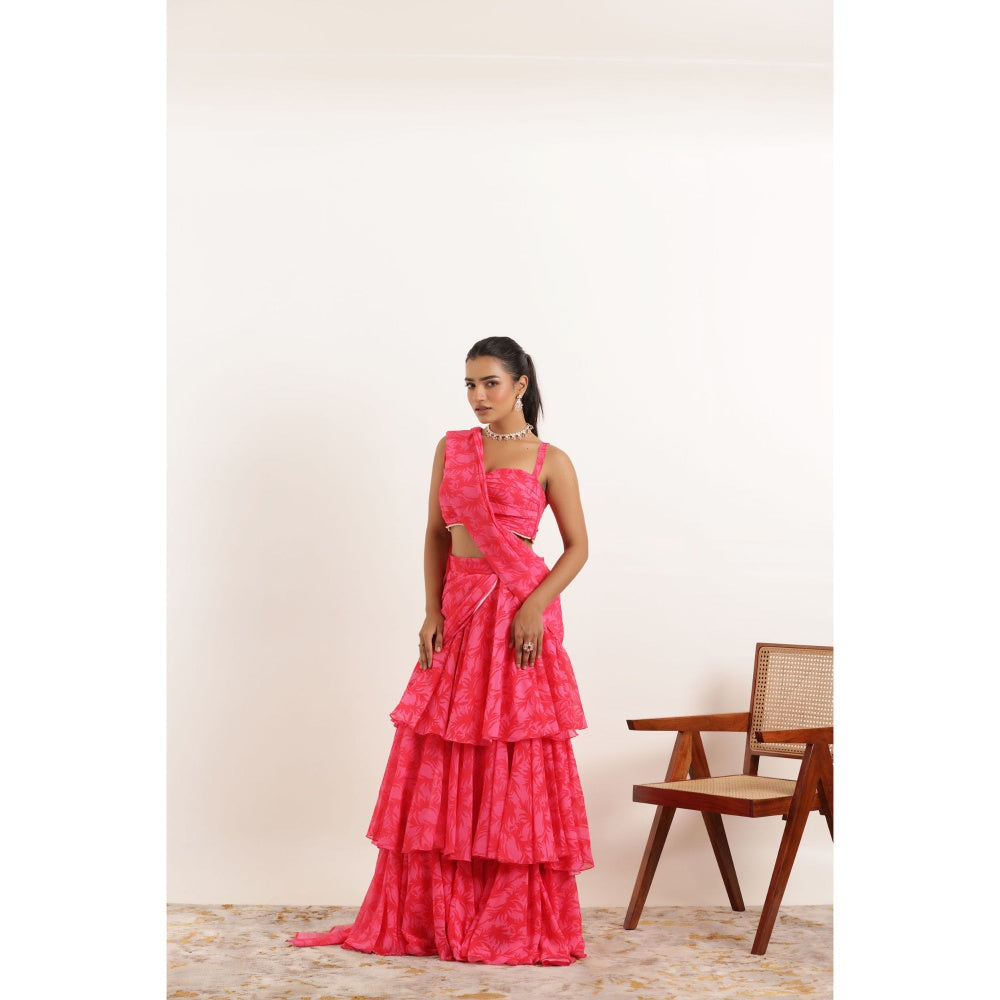 DEASHA INDIA Anvi Pink Printed Ruffle Pre Drape Saree and Stitched Blouse