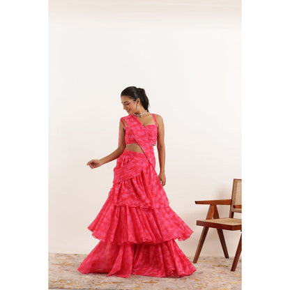 DEASHA INDIA Anvi Pink Printed Ruffle Pre Drape Saree and Stitched Blouse