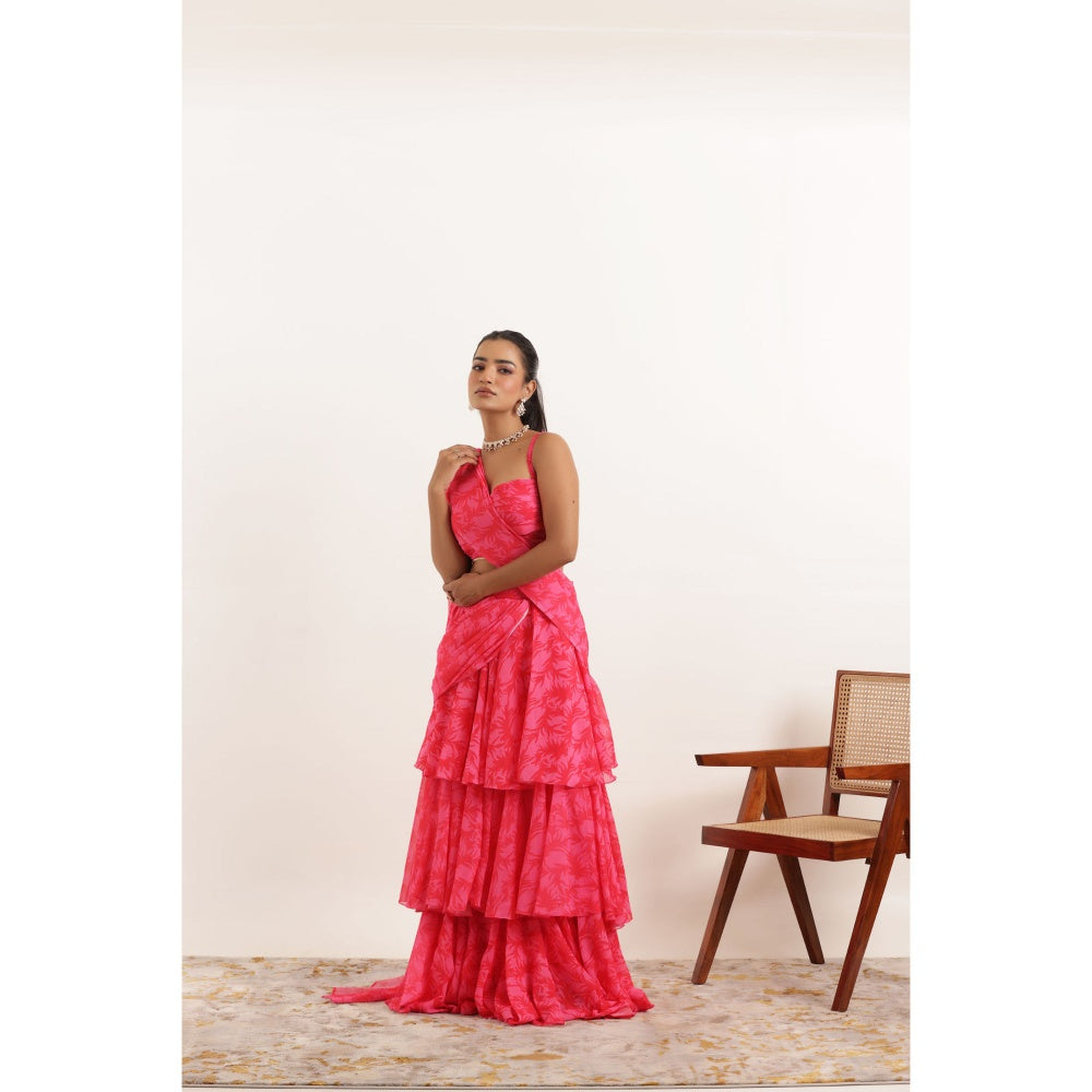 DEASHA INDIA Anvi Pink Printed Ruffle Pre Drape Saree and Stitched Blouse