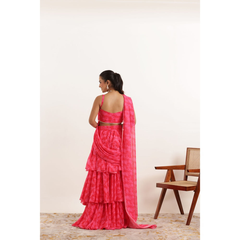 DEASHA INDIA Anvi Pink Printed Ruffle Pre Drape Saree and Stitched Blouse