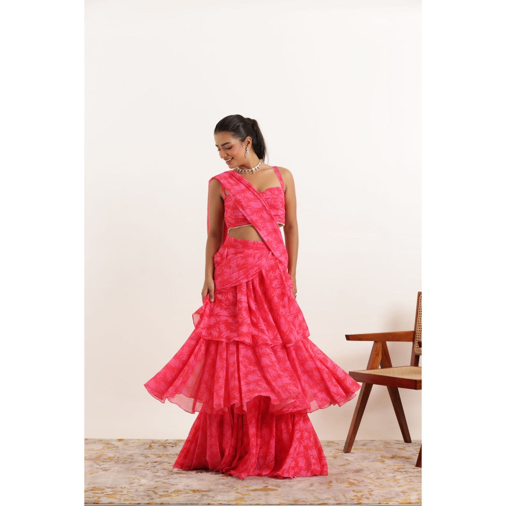 DEASHA INDIA Anvi Pink Printed Ruffle Pre Drape Saree and Stitched Blouse