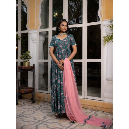 DEASHA INDIA Gulmina Dark Green Floral Printed Anarkali with Pant and Dupatta (Set of 3)